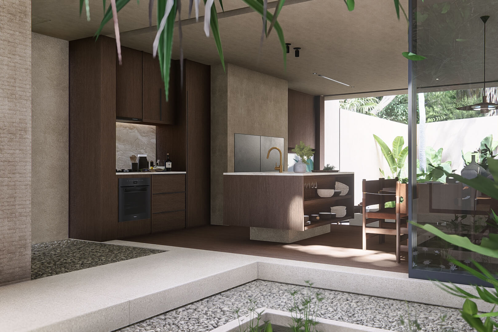 Leaf berawa townhouses kitchen and dining space from fish pond